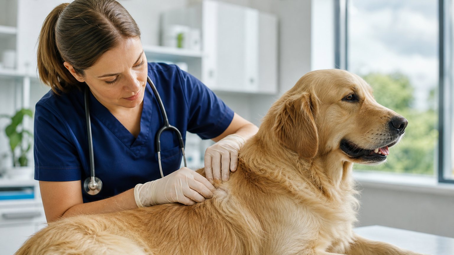 Veterinaria revisando el pelaje de un perro para detectar garrapatas