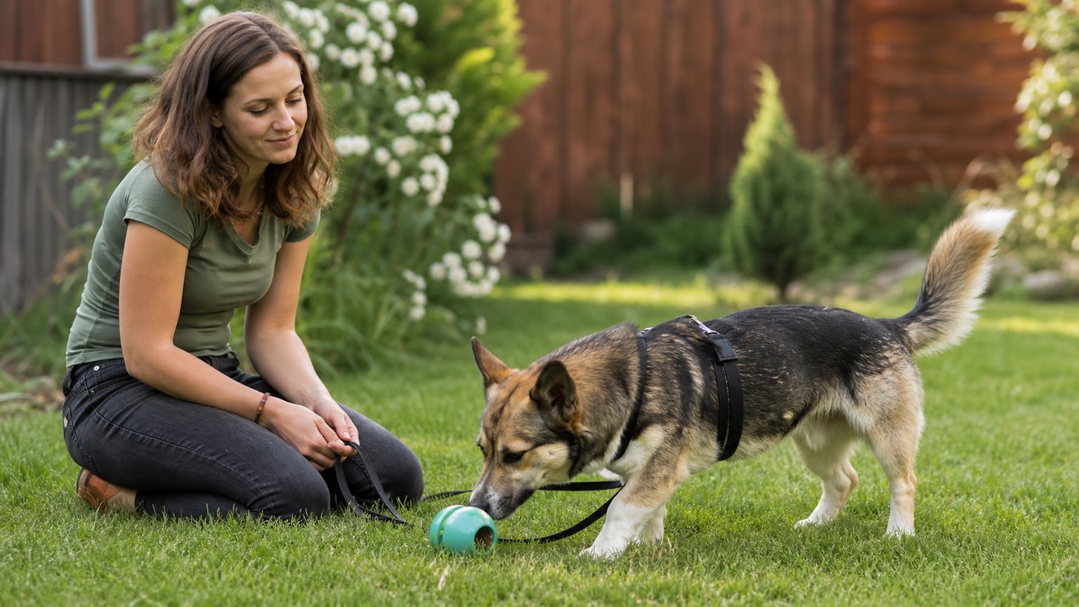 Séance d’éducation positive avec un chien croisé Corgi et une longe