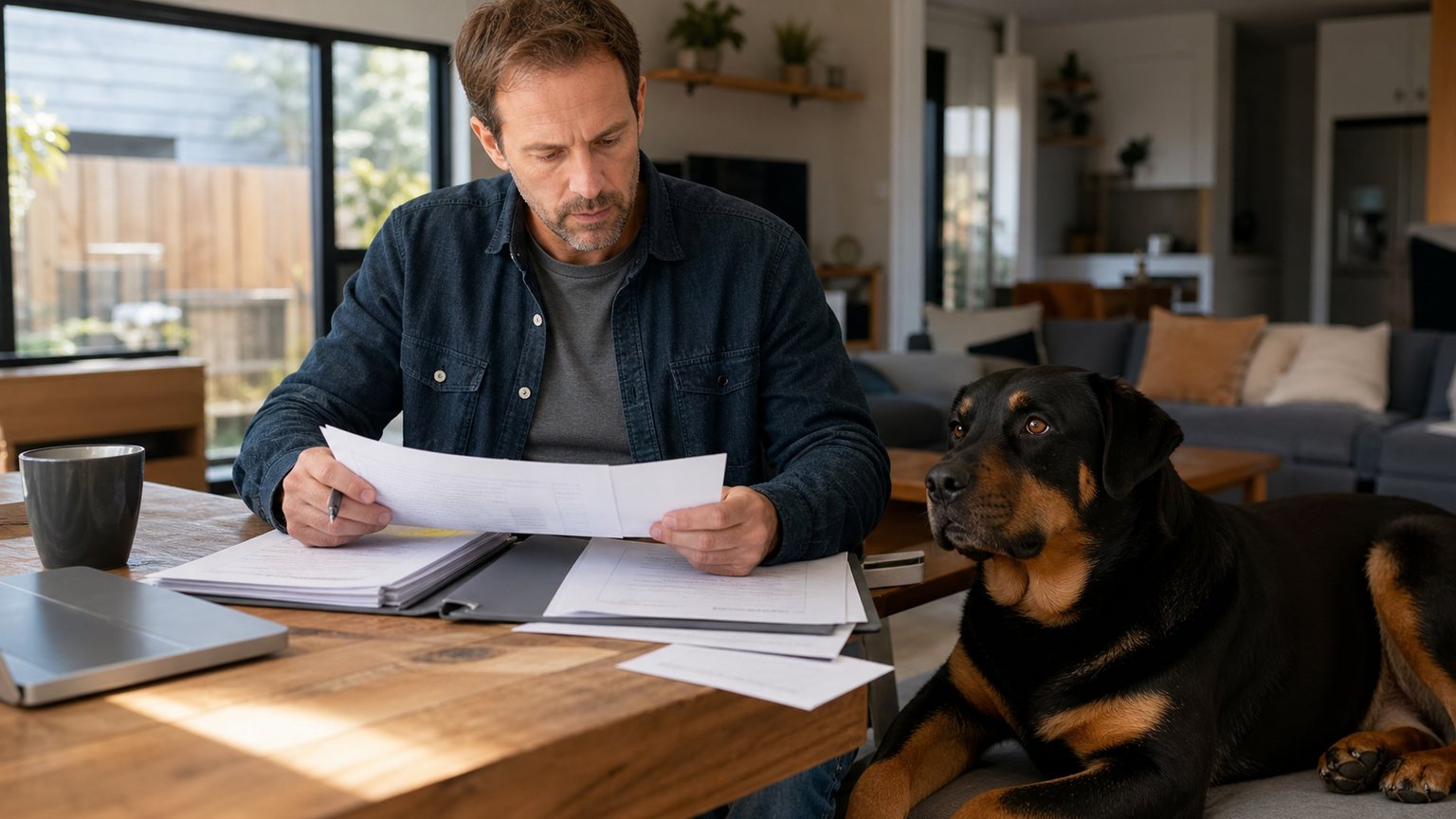 Propriétaire préparant des documents d’assurance pour un chien croisé Labrador Rottweiler