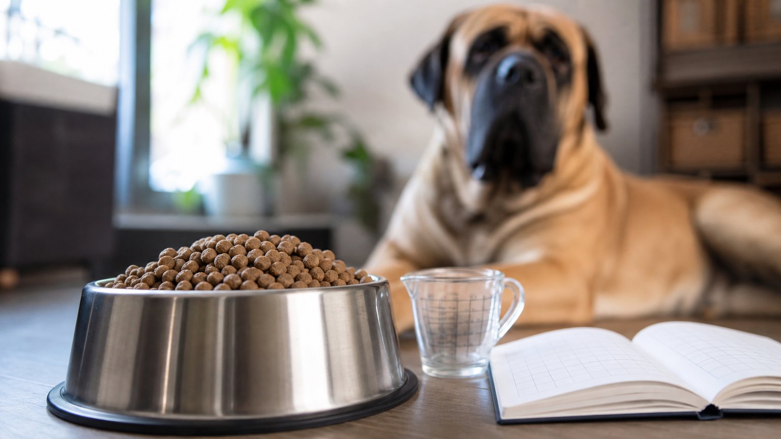 Gamelle de croquettes et verre doseur pour suivre les portions d’un grand chien