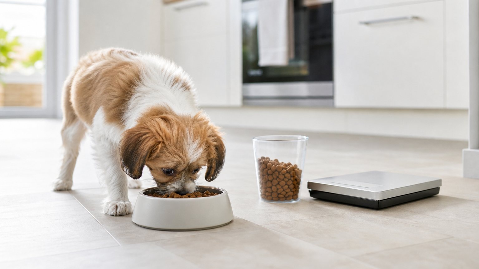 Cachorro de raza pequeña comiendo una ración medida de pienso
