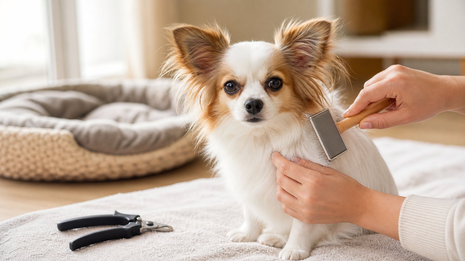 Petit chien type Chihuahua Papillon pendant un toilettage doux à domicile