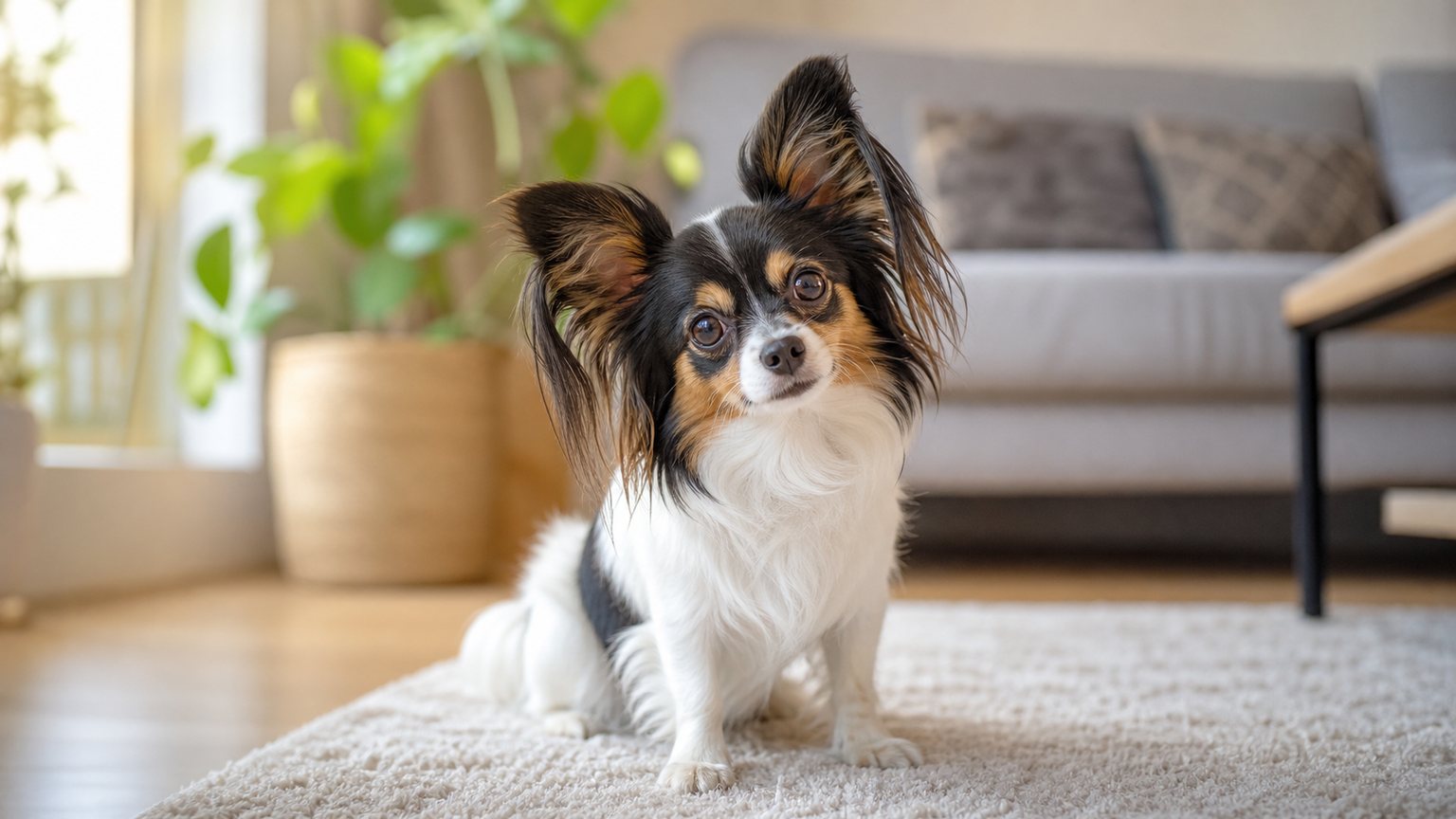 Chihuahua Papillon adulte aux grandes oreilles dans un salon lumineux