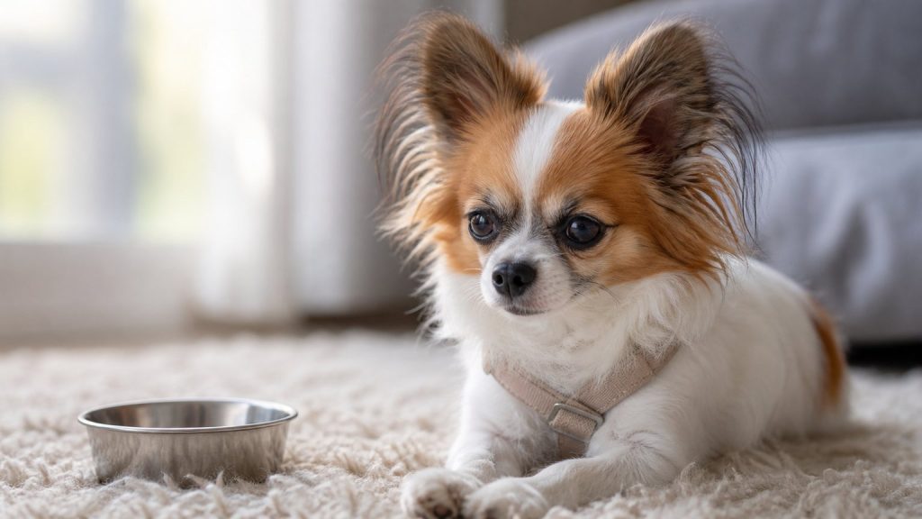 Petit Chihuahua Papillon avec harnais léger et gamelle pour illustrer son petit gabarit