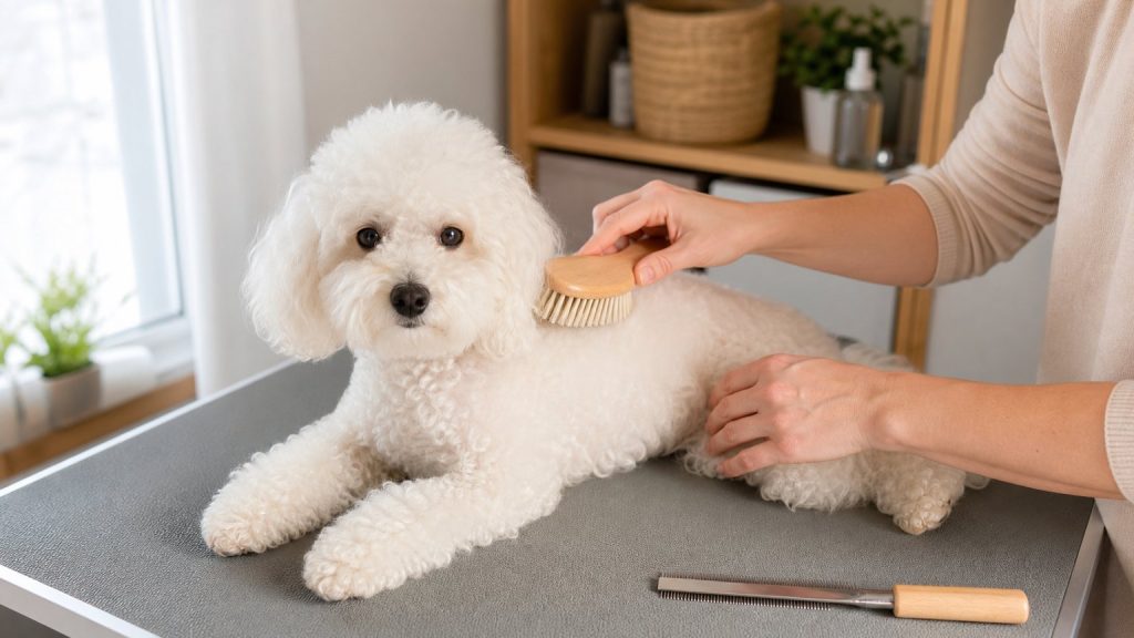 Brossage du pelage d’un chien blanc bouclé