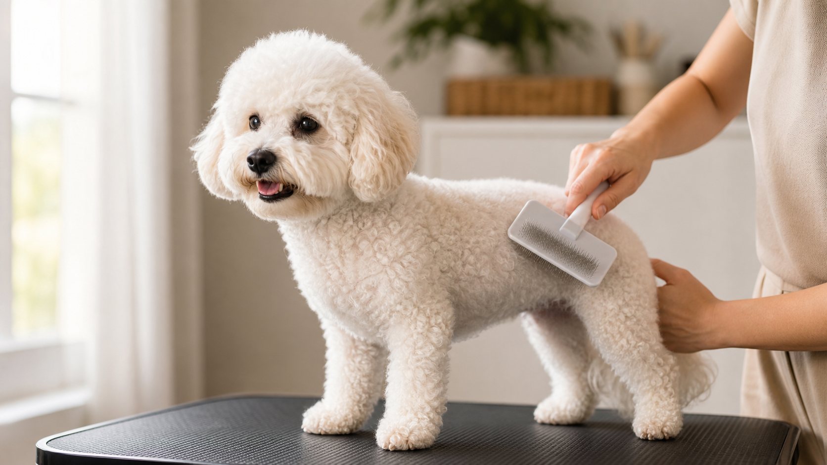 Brossage doux du pelage d’un caniche blanc