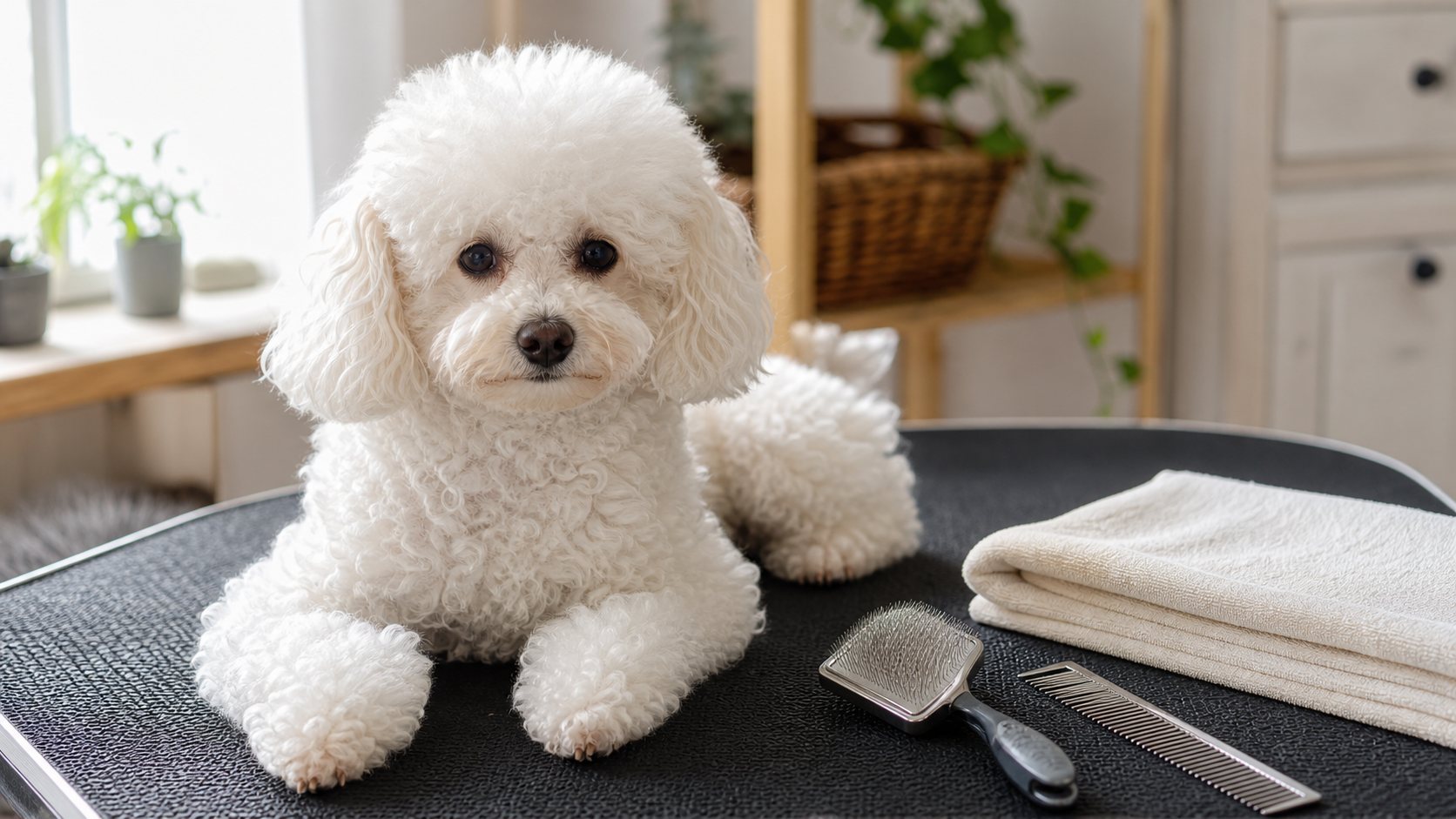 Caniche nain blanc avec brosse et peigne de toilettage