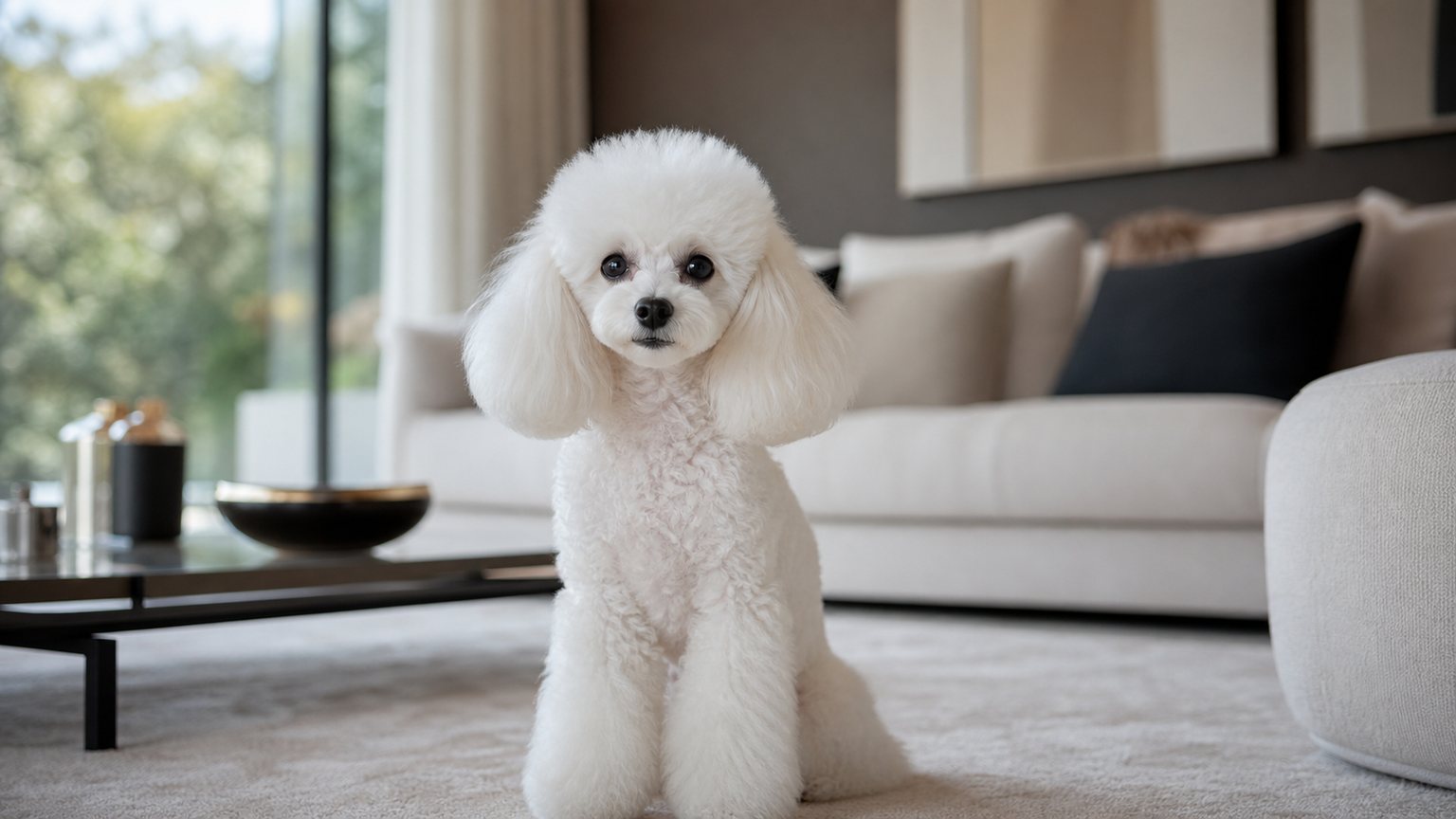 Caniche blanc toy au pelage bouclé dans un intérieur lumineux