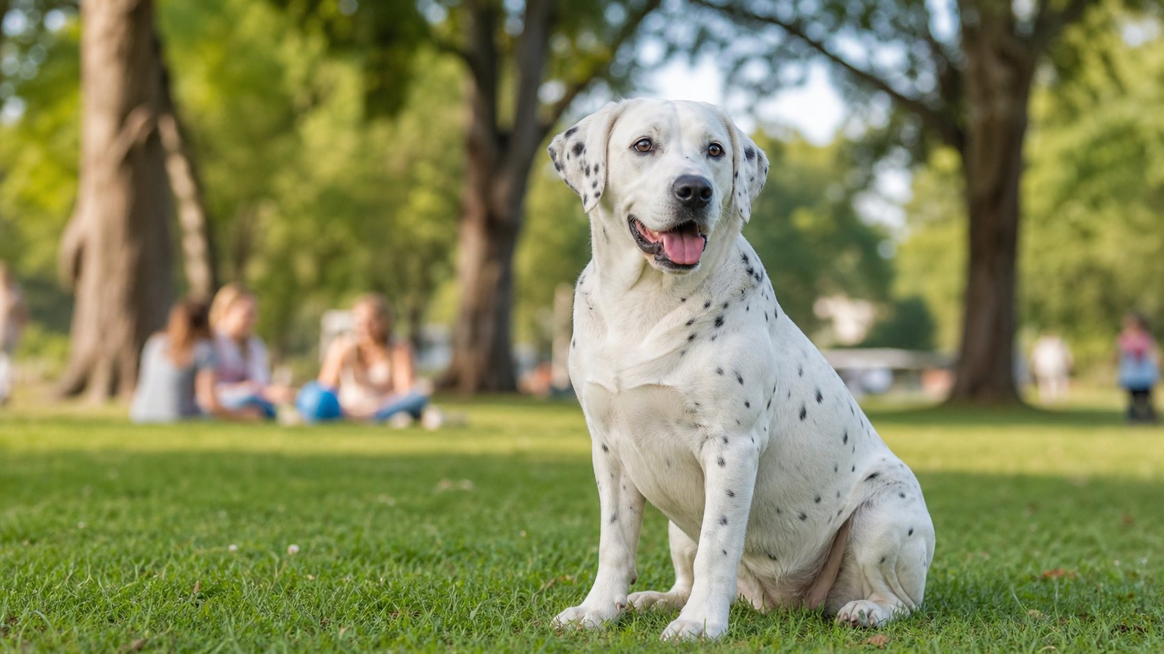 Labrador croisé Dalmatien assis dans un parc