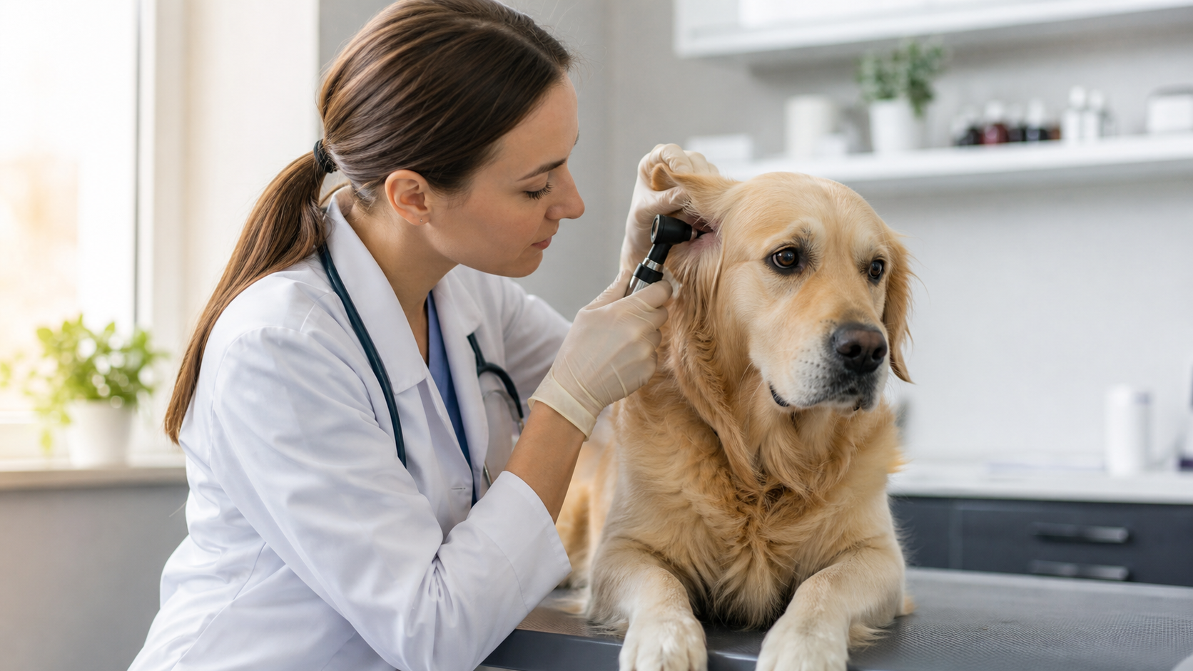 Vétérinaire examinant l’oreille d’un chien pour détecter une otite