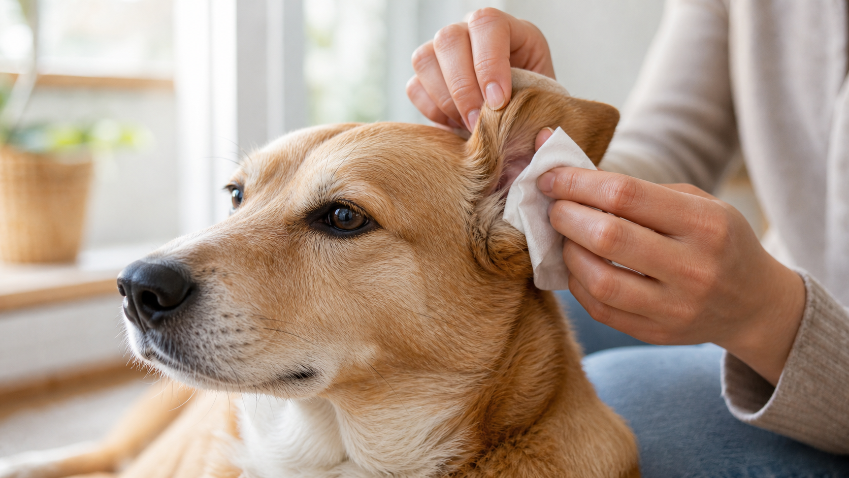 Nettoyage doux des oreilles d’un chien avec une lingette adaptée