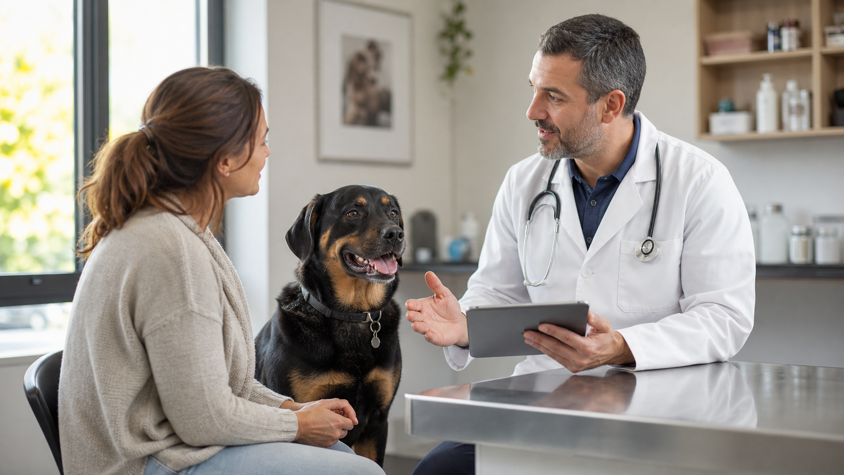 Vétérinaire échangeant avec le propriétaire d’un Rottweiler Labrador sur les frais de soins