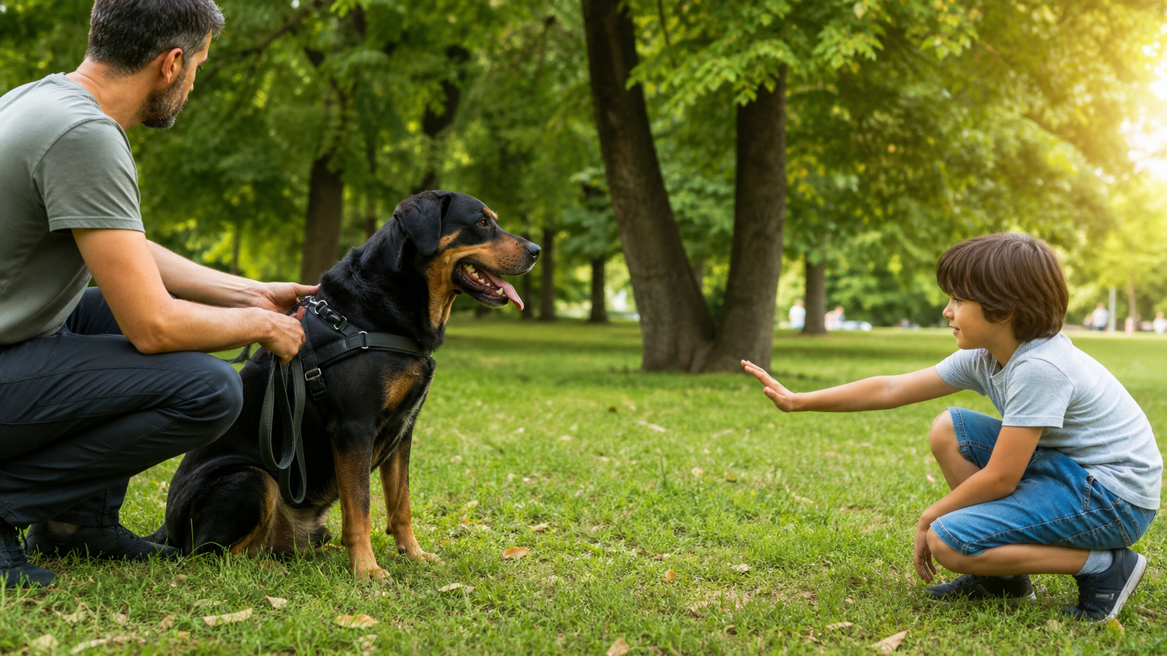 Séance d’éducation positive avec un grand chien et un enfant à distance sécurisée
