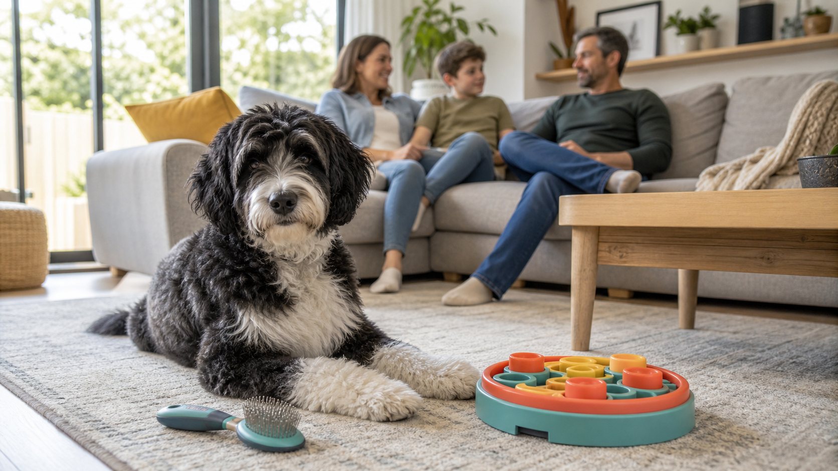 Bordoodle adulte en famille avec jouet et brosse de toilettage