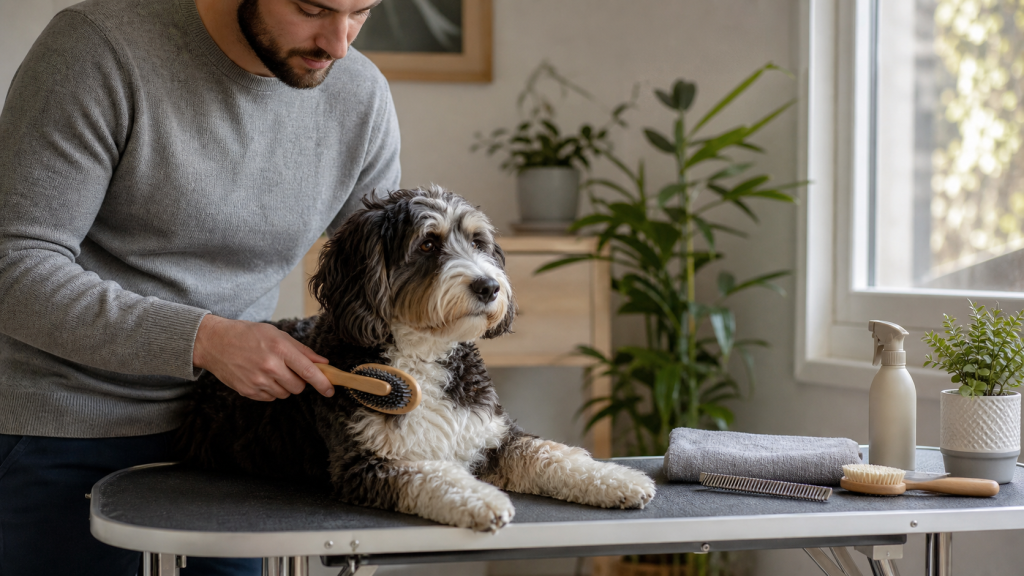 Bordoodle brossé calmement avec du matériel de toilettage