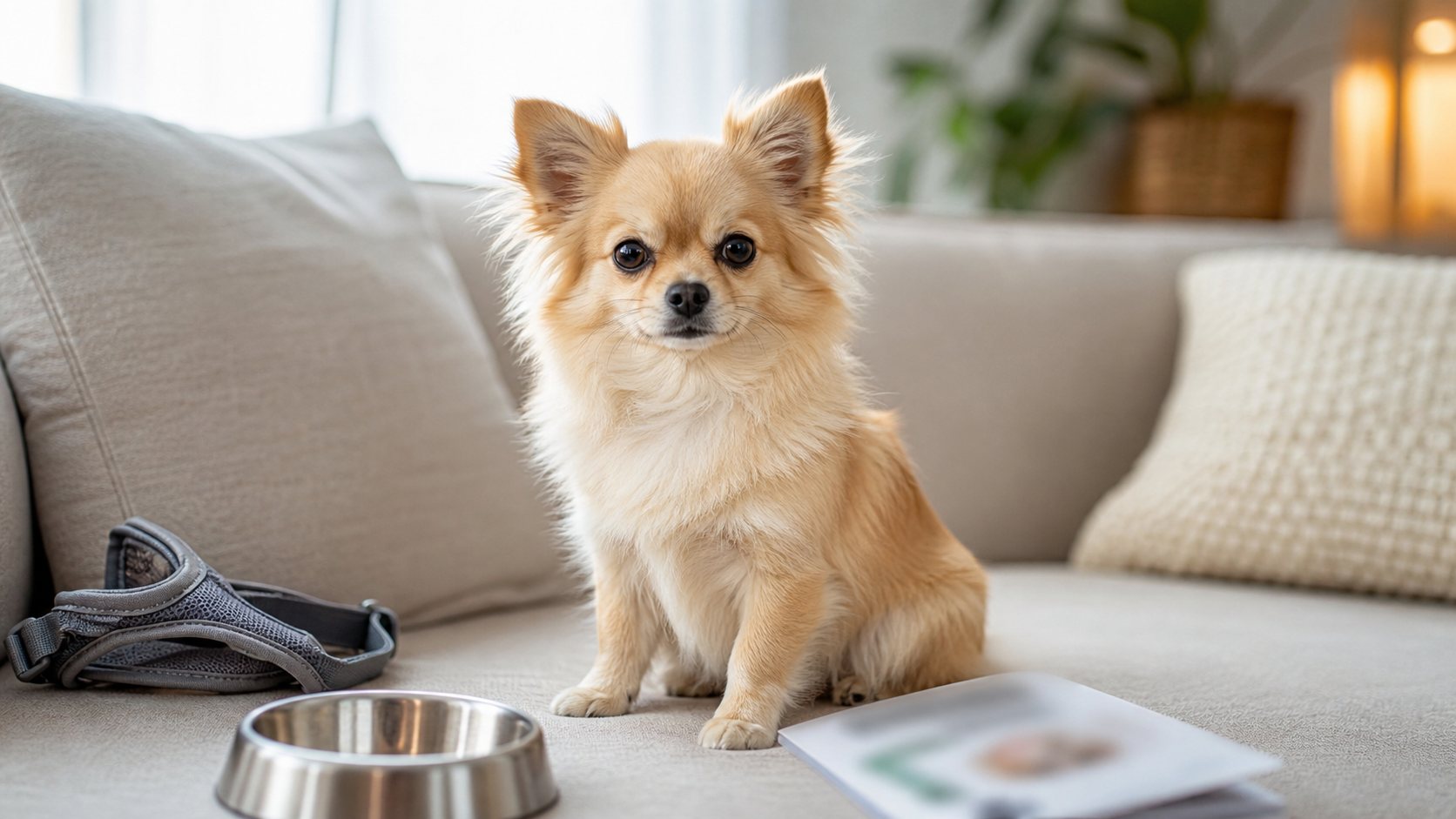 Pomeranian Chihuahua assis dans un intérieur lumineux avec accessoires de soin