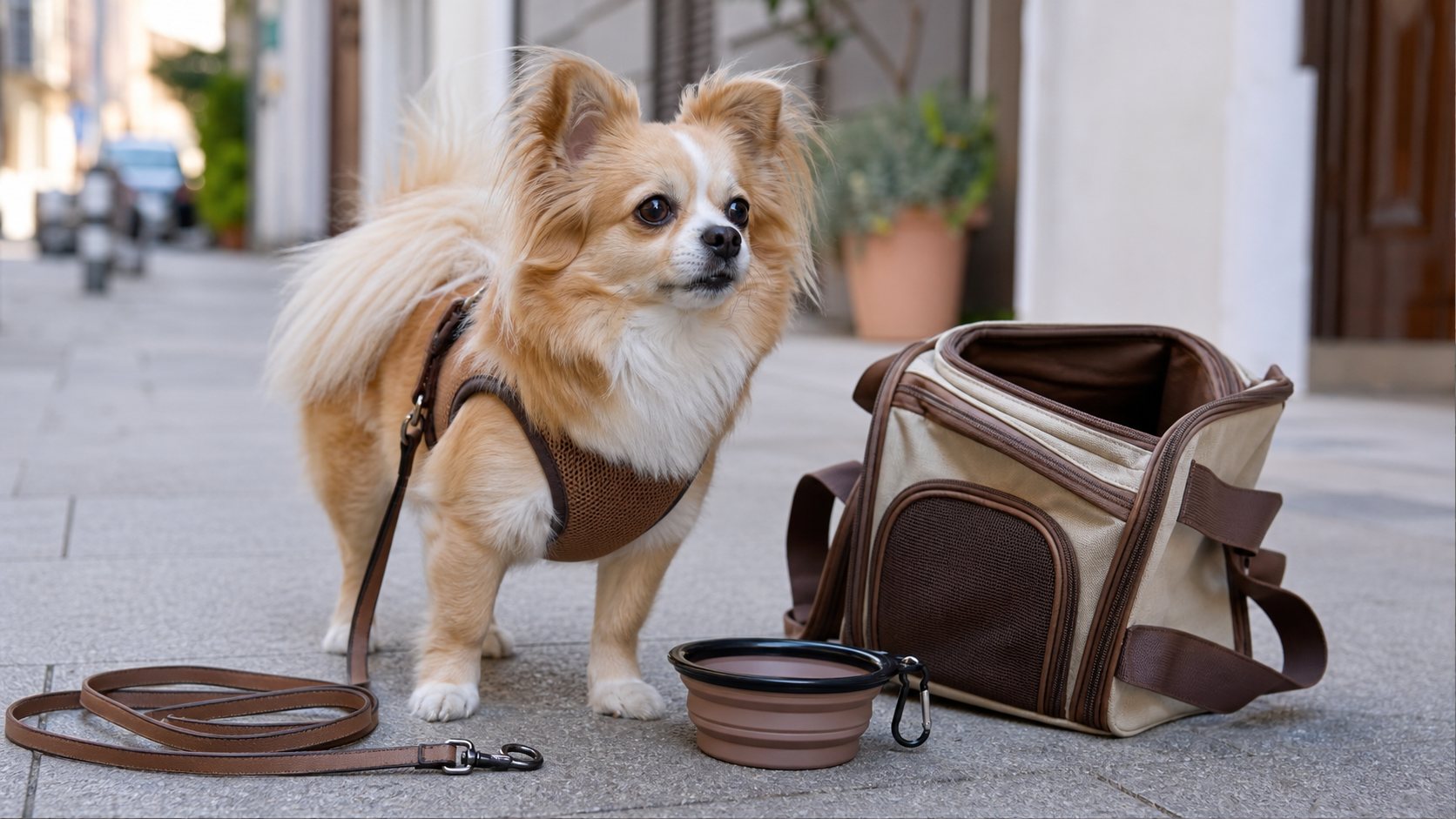 Petit Pomeranian Chihuahua en promenade avec harnais et accessoires essentiels
