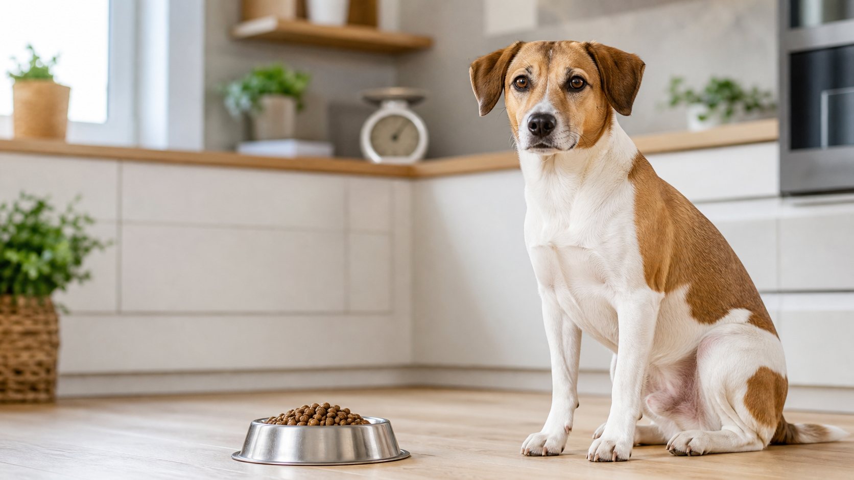 Kastrierter Hund neben Napf und abgemessener Futterportion