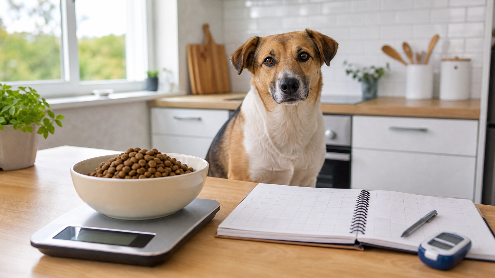 Perro con pienso medido y libreta de seguimiento de glucemia