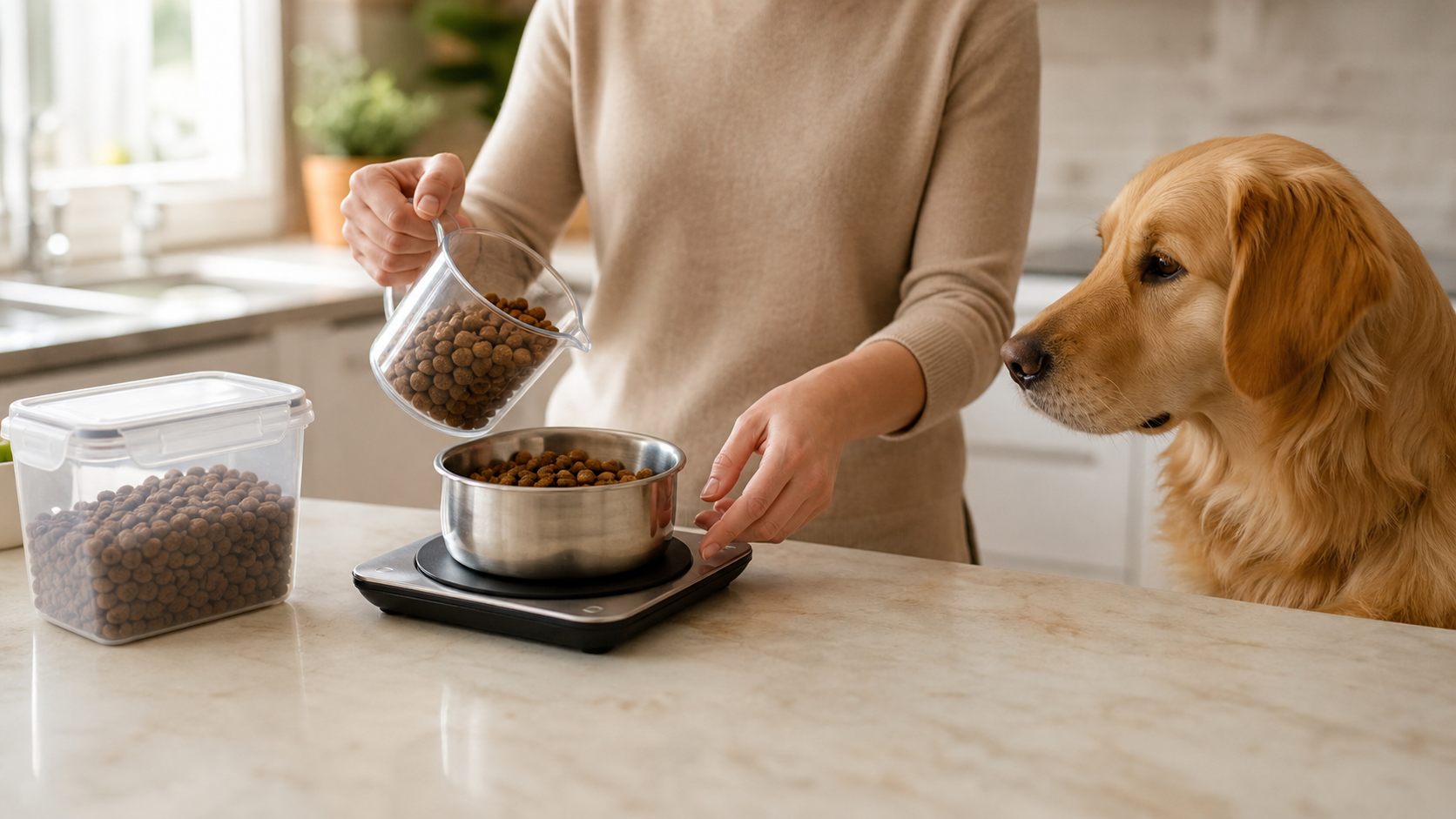 Persona midiendo pienso para un perro diabético