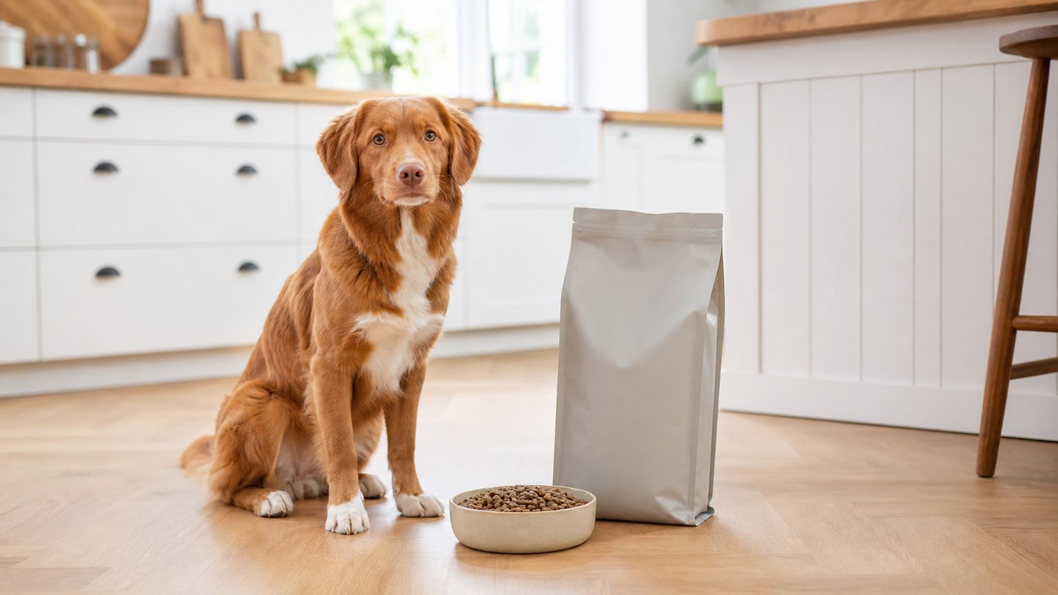 Hund neben Futternapf und neutraler Hundefutterpackung