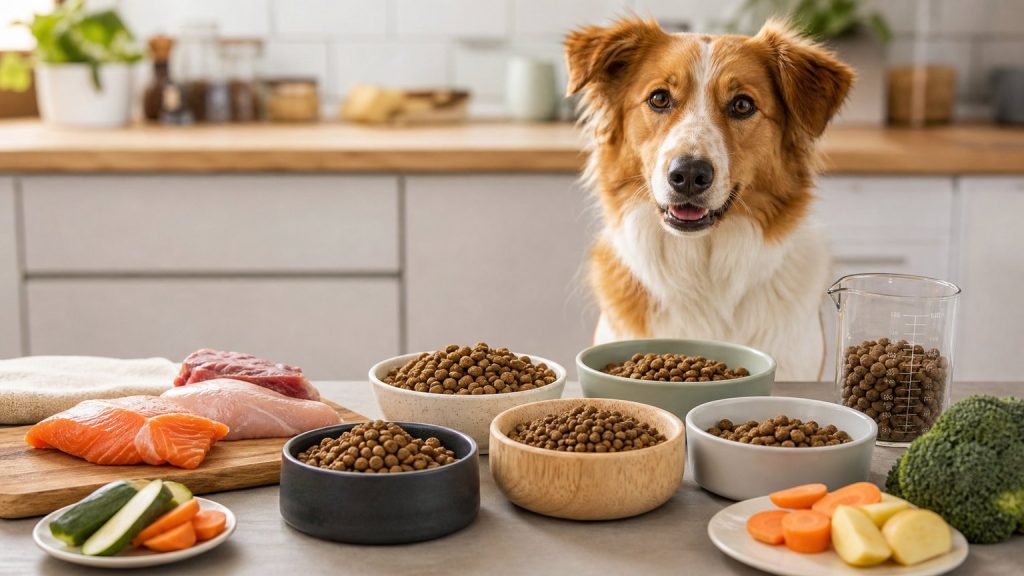 Verschiedene Futternäpfe und Zutaten für Hunde