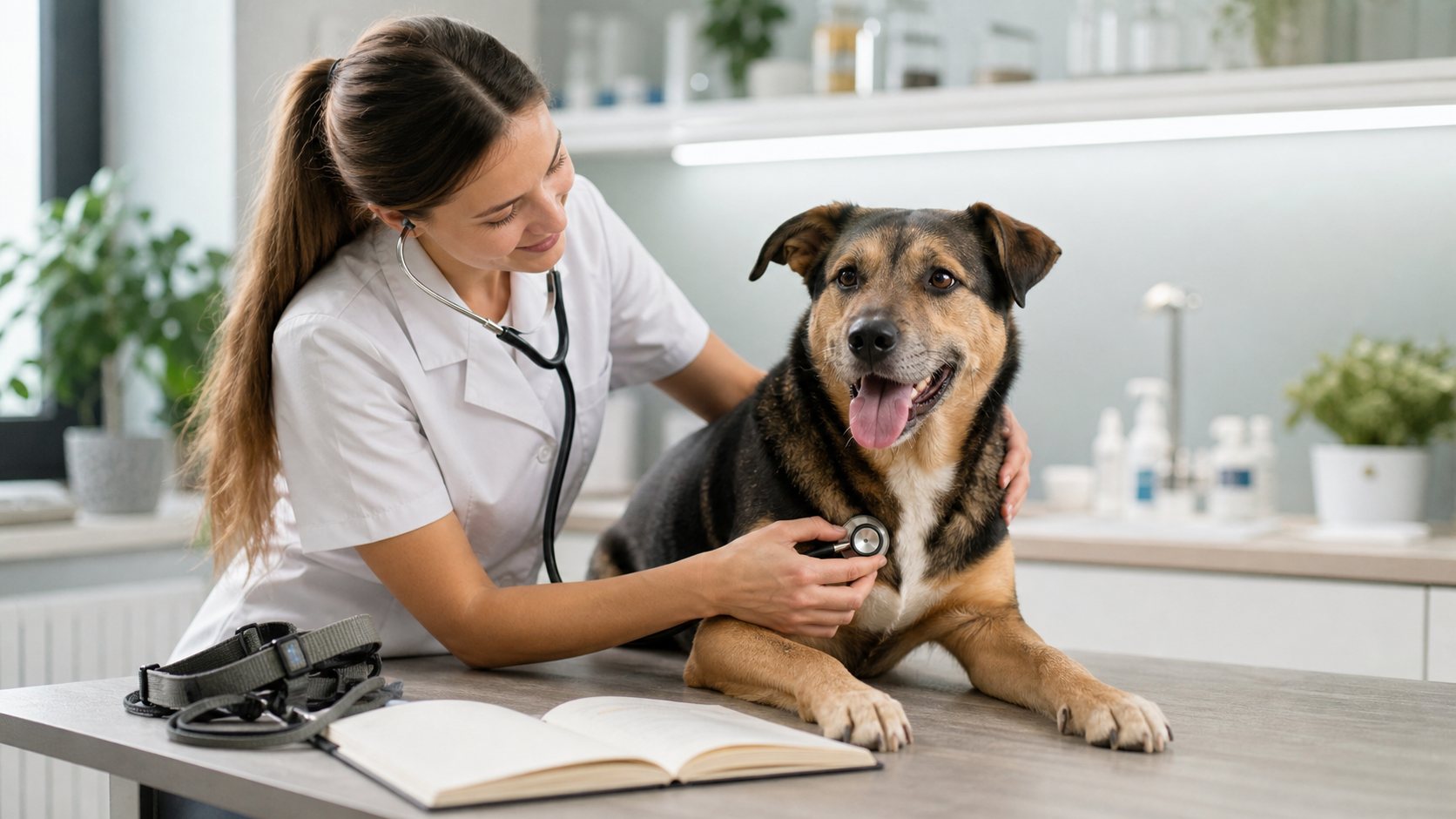 Chien croisé lors d’un contrôle vétérinaire avec harnais et carnet de santé