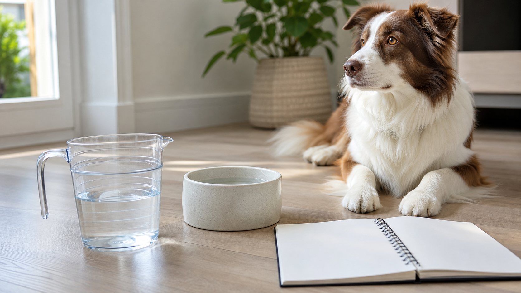 Jarra medidora y cuenco para controlar el agua que bebe un perro