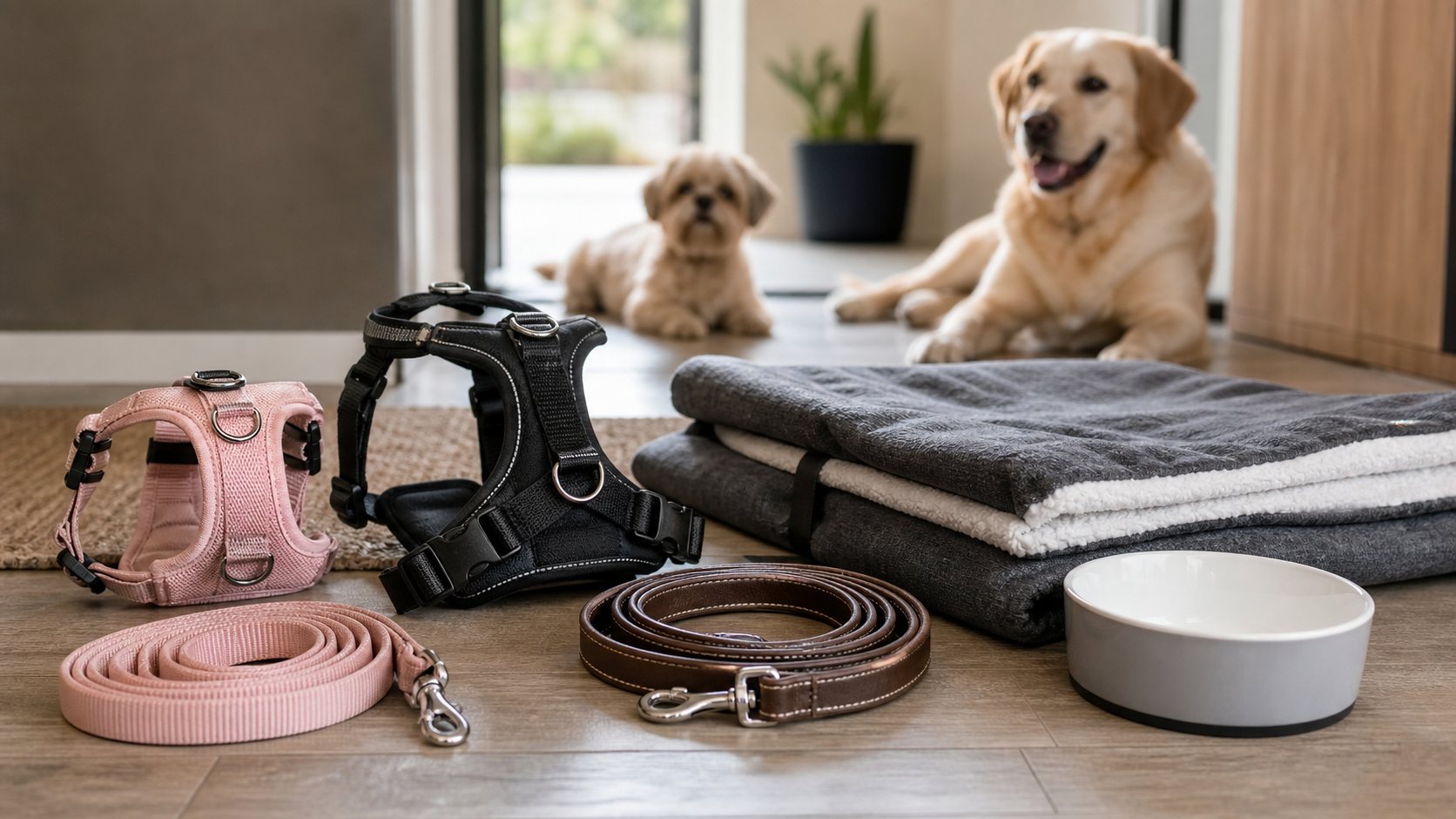 Harnais, laisses et couchage adaptés à un grand et un petit chien