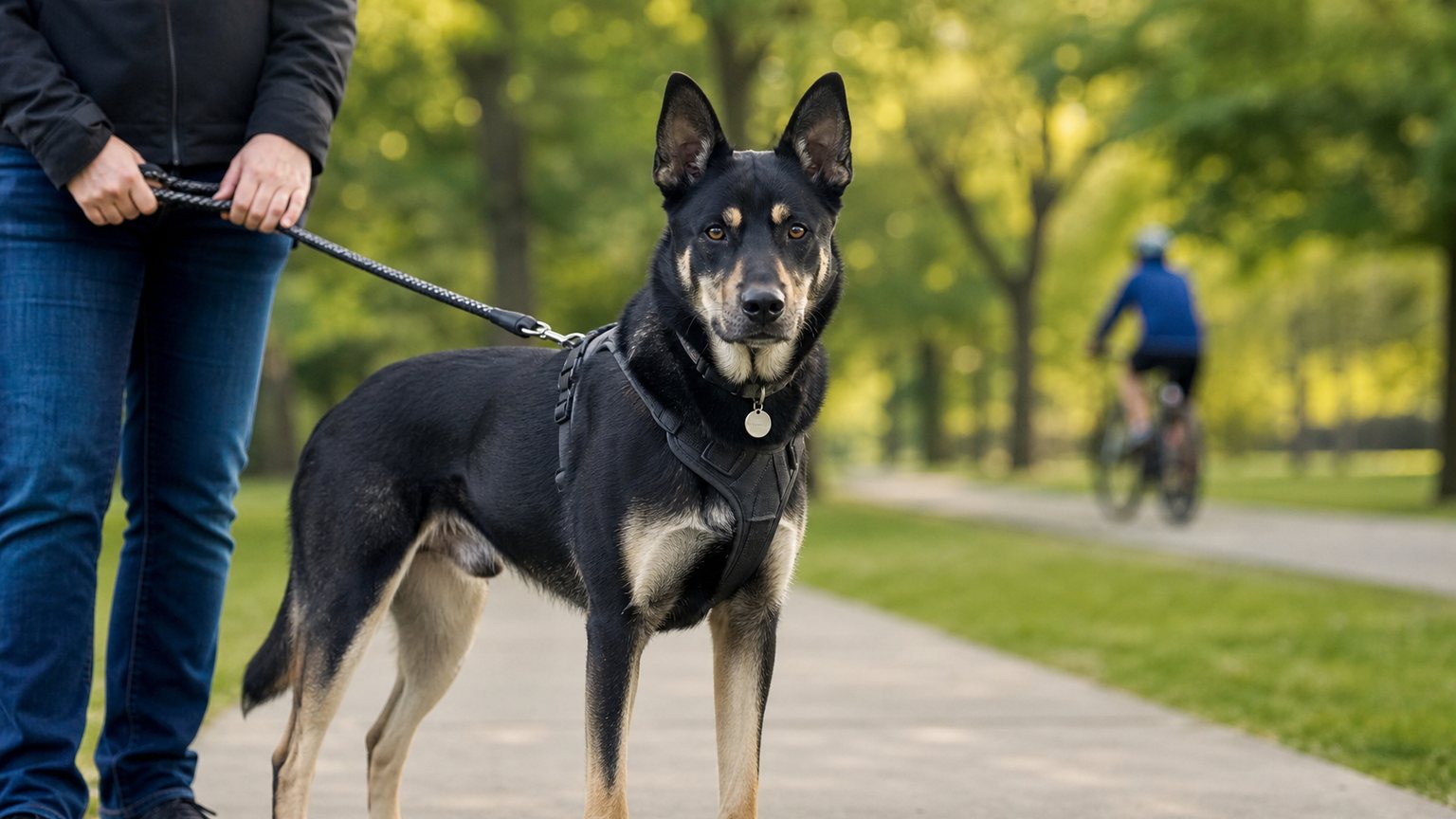 Chien croisé en promenade avec harnais et longe sécurisée