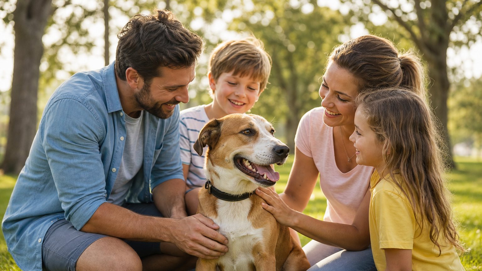 Chien croisé brun et blanc avec sa famille adoptive dans un parc