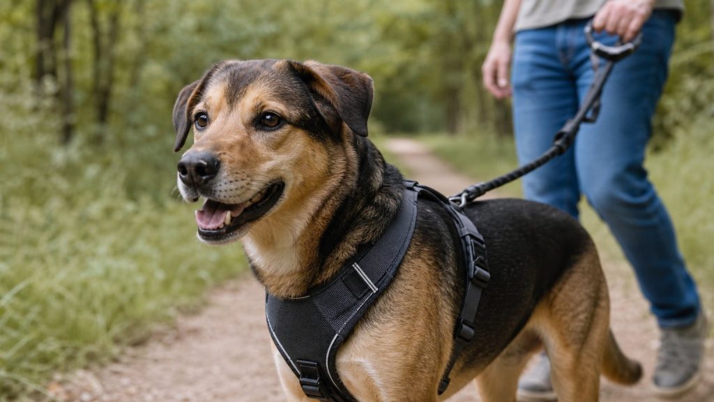 Chien croisé portant un harnais ergonomique pendant une promenade en longe
