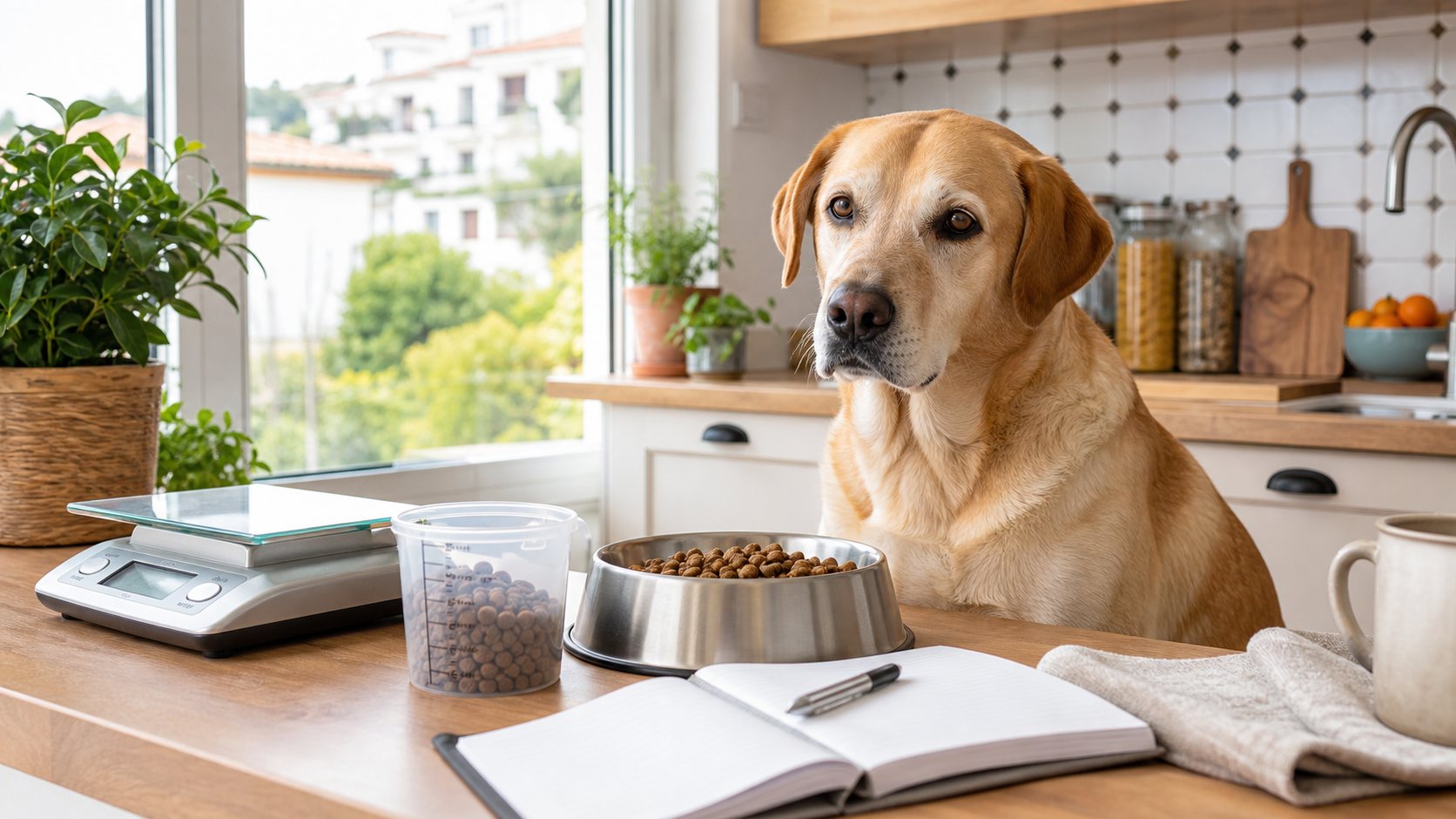 Perro con comedero medido y cuaderno de seguimiento para diabetes