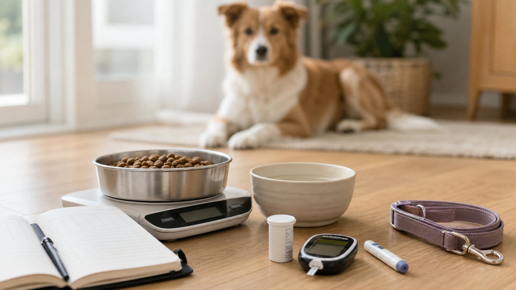 Comida pesada y registro diario para un perro diabético