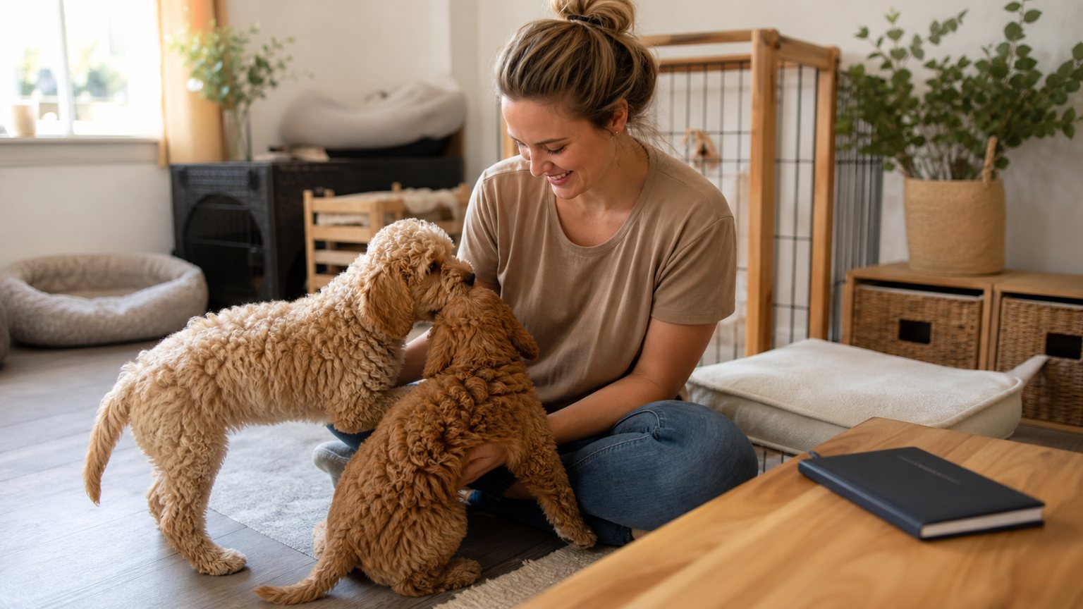 Éleveuse sérieuse avec des chiots de race hybride dans un élevage propre