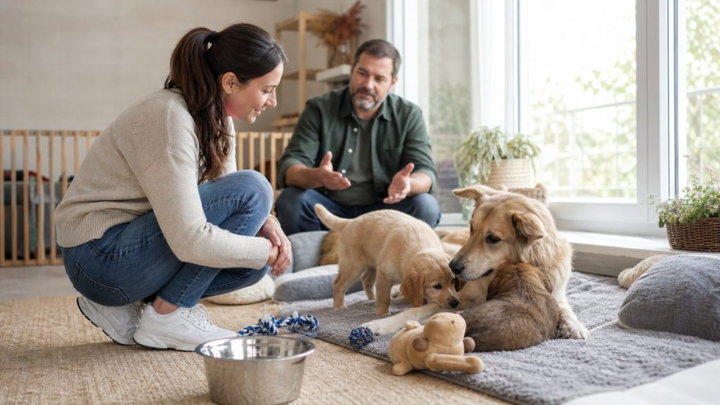 Adoptante observant des chiots de race hybride avec leur mère chez un éleveur