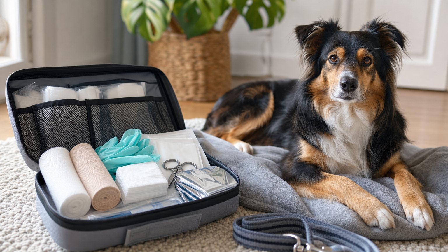 Erste-Hilfe-Set für Hunde-Notfälle mit Hund auf einer Decke