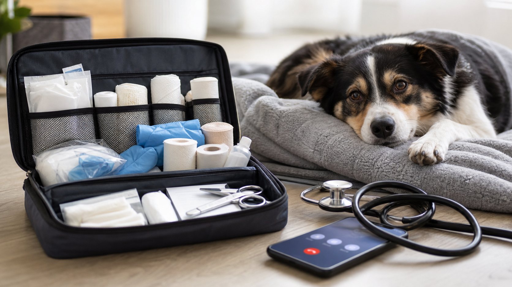 Kit de primeros auxilios para perro con teléfono para llamar al veterinario