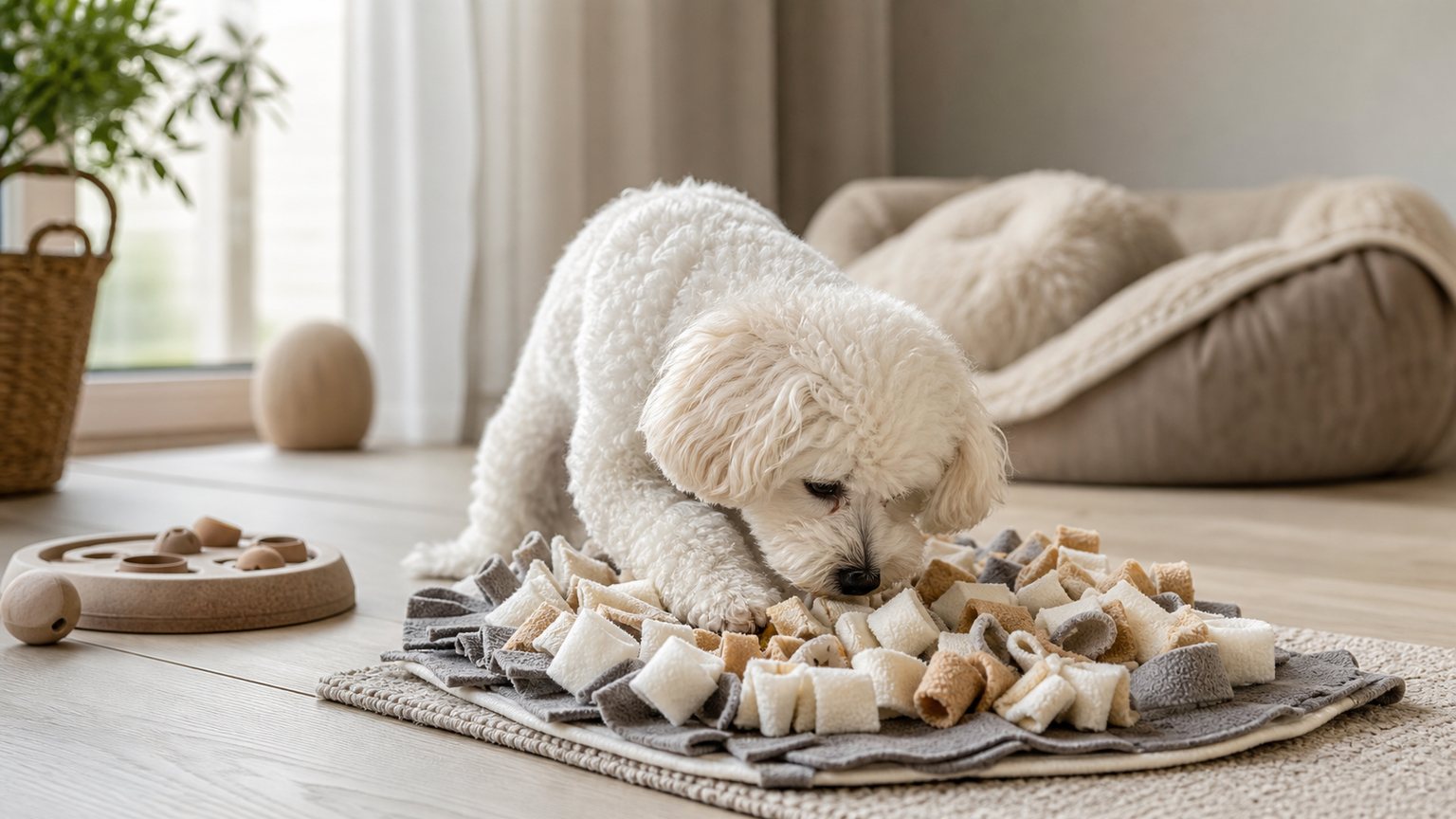 Petit chien calme utilisant un tapis de fouille en appartement