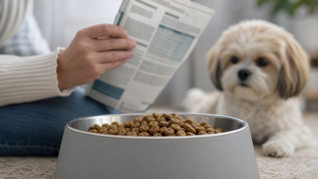 Bol de croquetas y lectura de etiqueta para perro pequeño