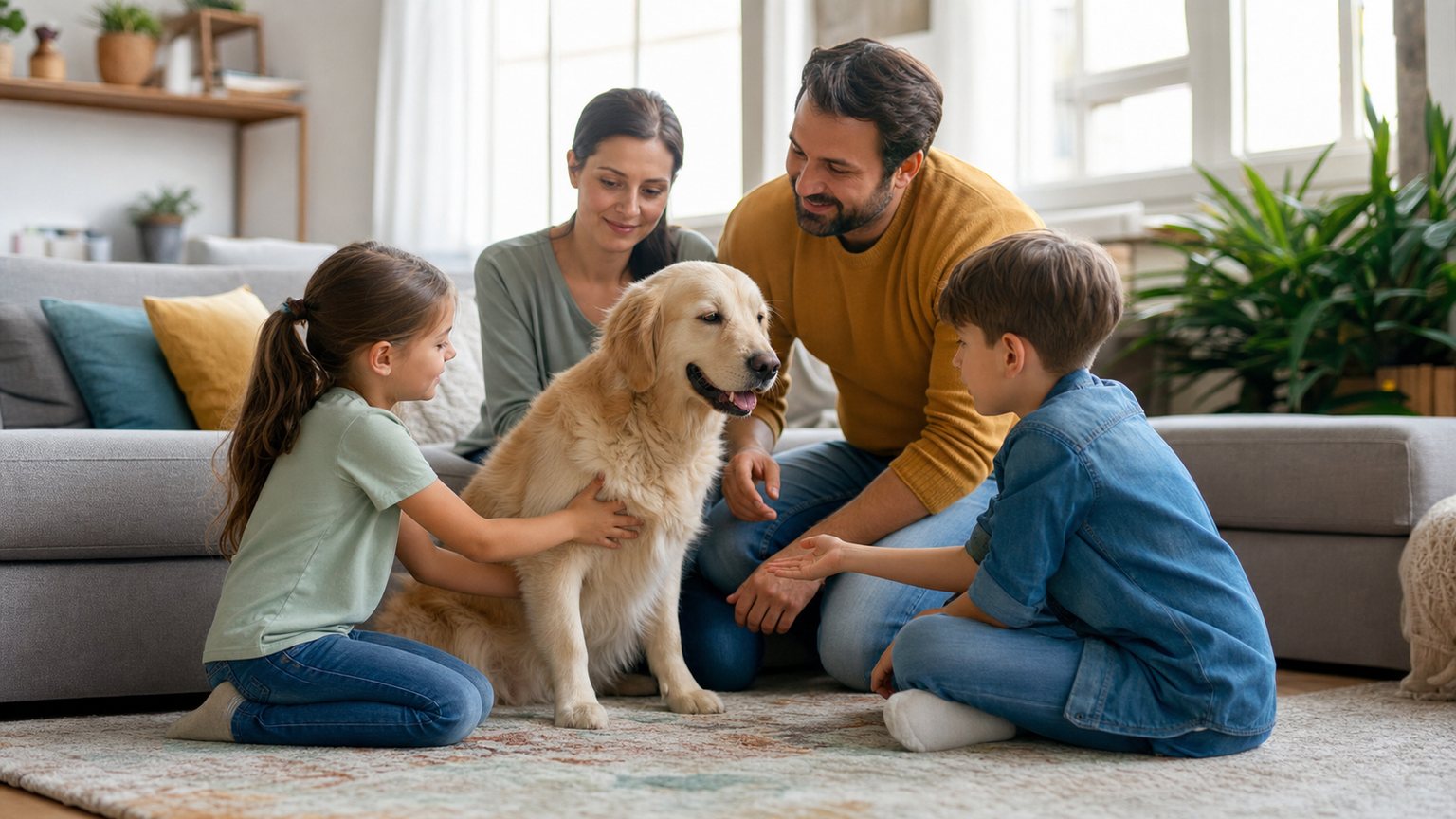 Famille avec enfants rencontrant un chien calme