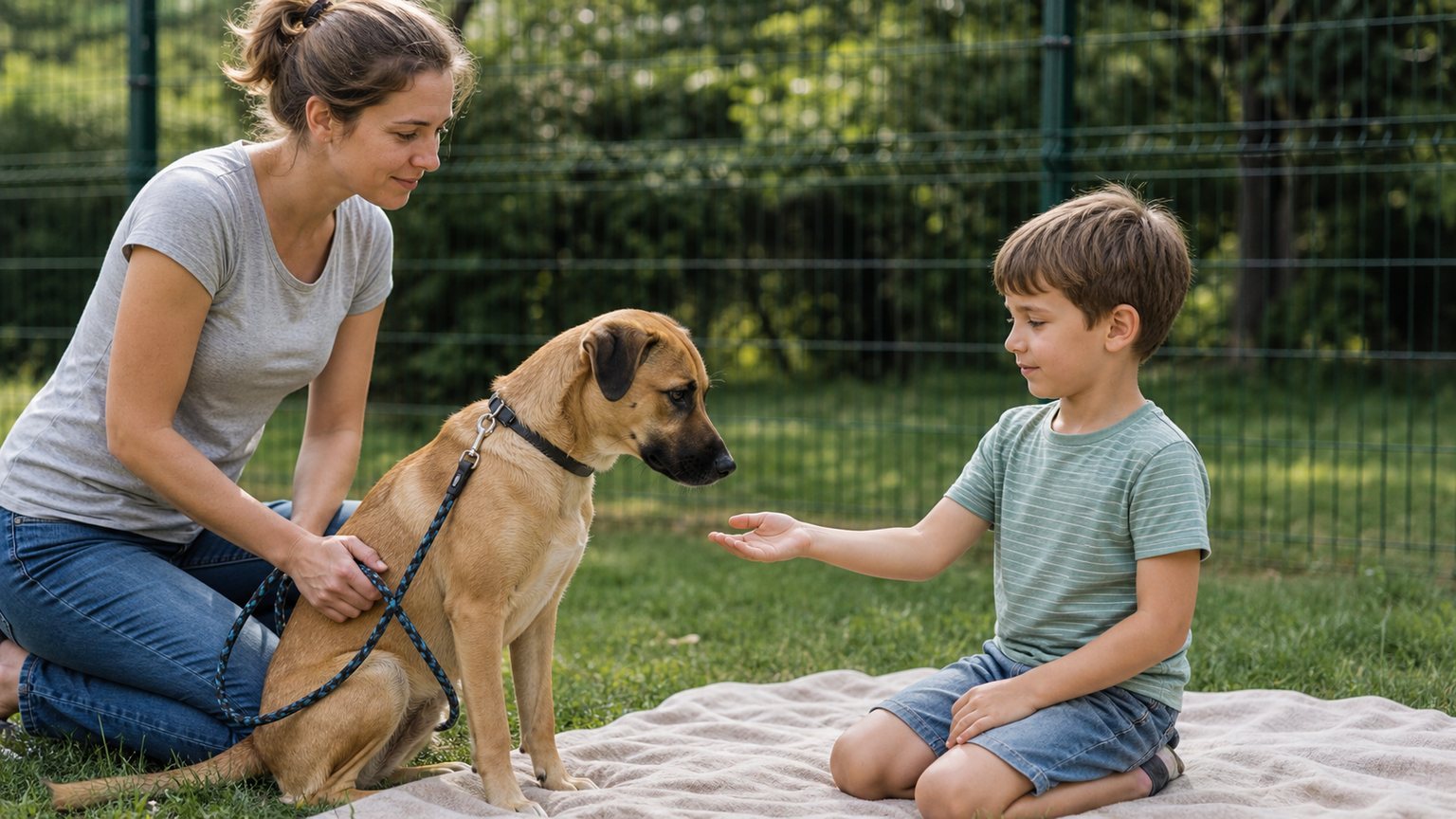 Enfant présenté calmement à un chien sous supervision