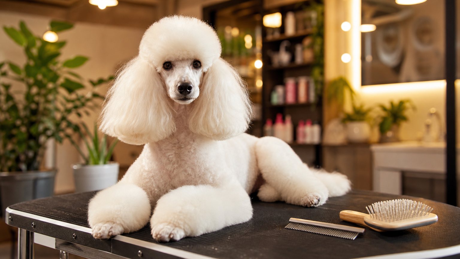 Toilettage du caniche blanc : brossage, coupe et taches du pelage