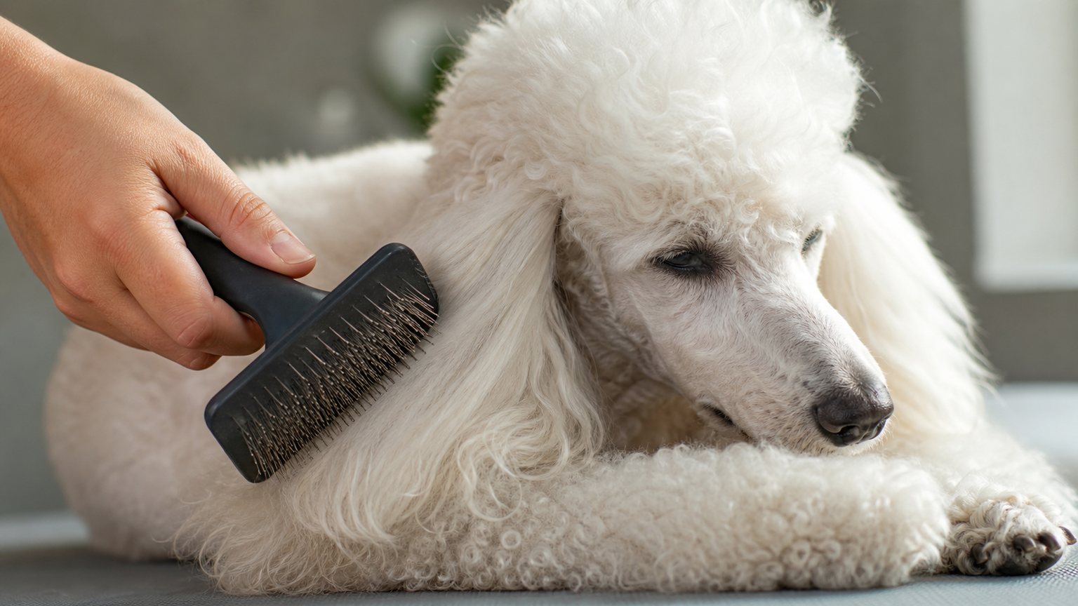 Brossage délicat du pelage d’un caniche blanc