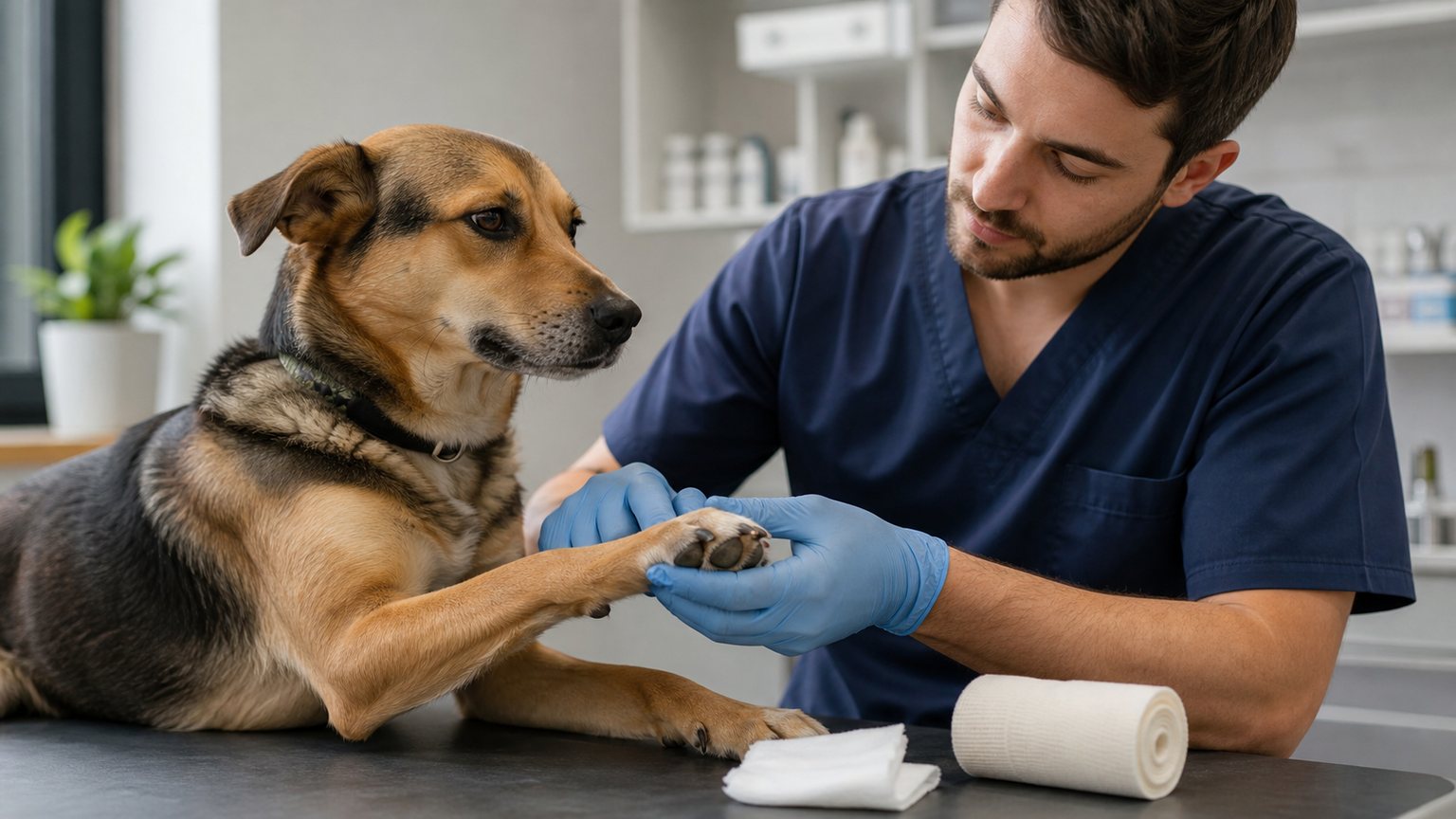Vétérinaire examinant la patte blessée d’un chien