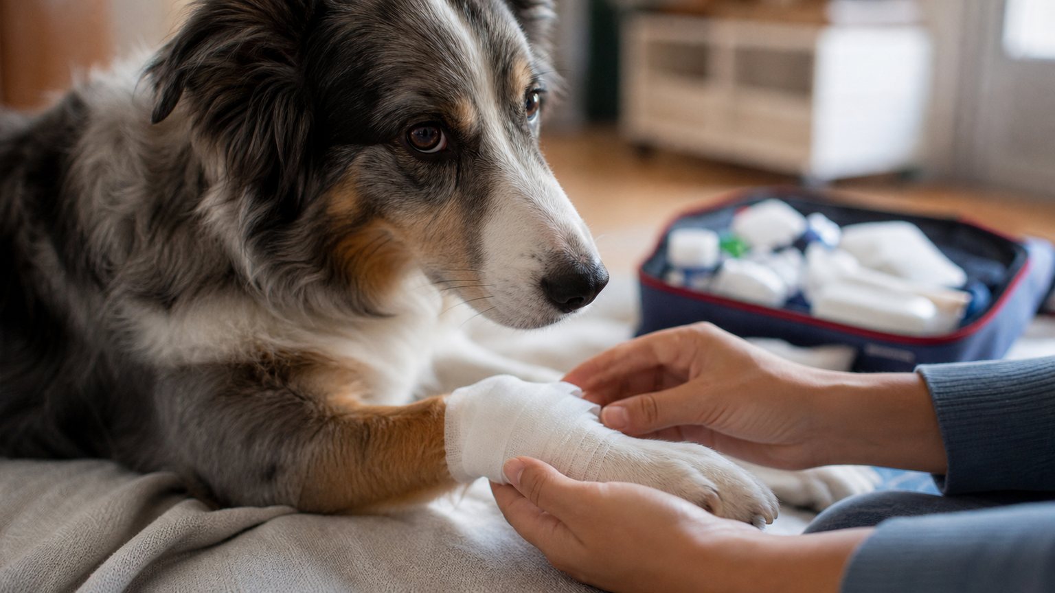 Vérification d’un pansement propre sur la patte d’un chien blessé