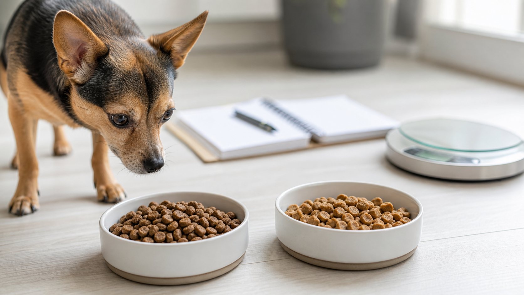 Kleiner Hund betrachtet zwei Futternäpfe im Vergleich