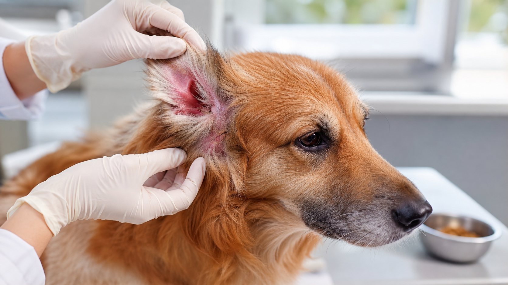 Tierärztlicher Ohrencheck bei einem Hund mit gereiztem Ohr