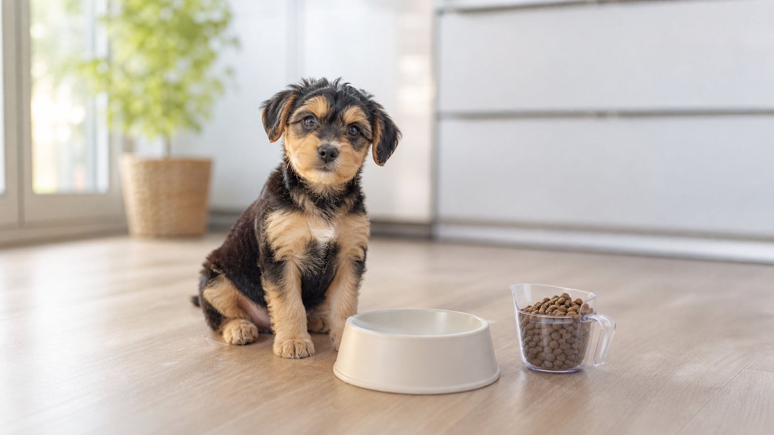 Kleiner Welpe neben Futternapf und Messbecher