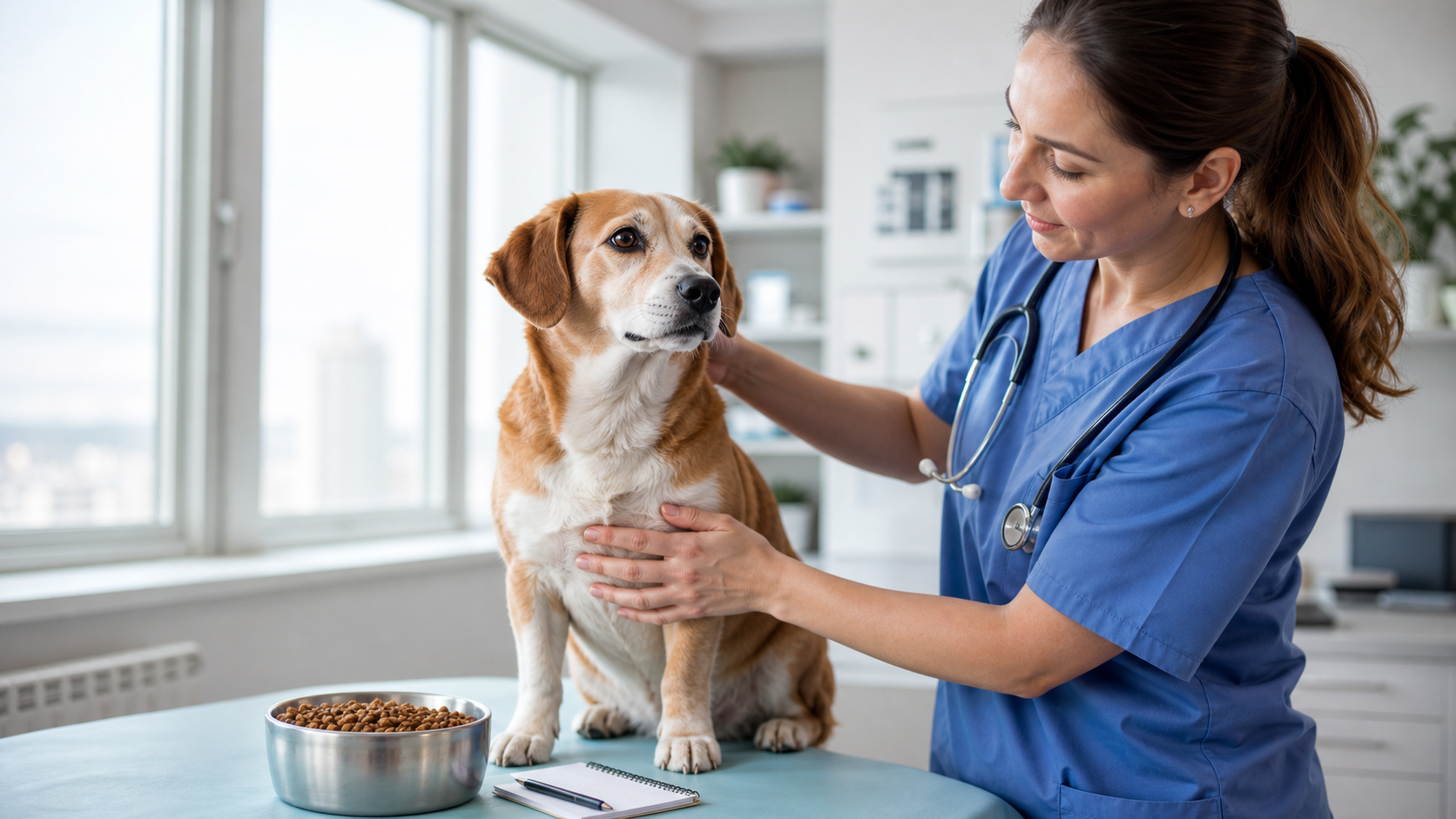 Tierärztin untersucht einen Hund mit Diabetes neben Futternapf und Notizen